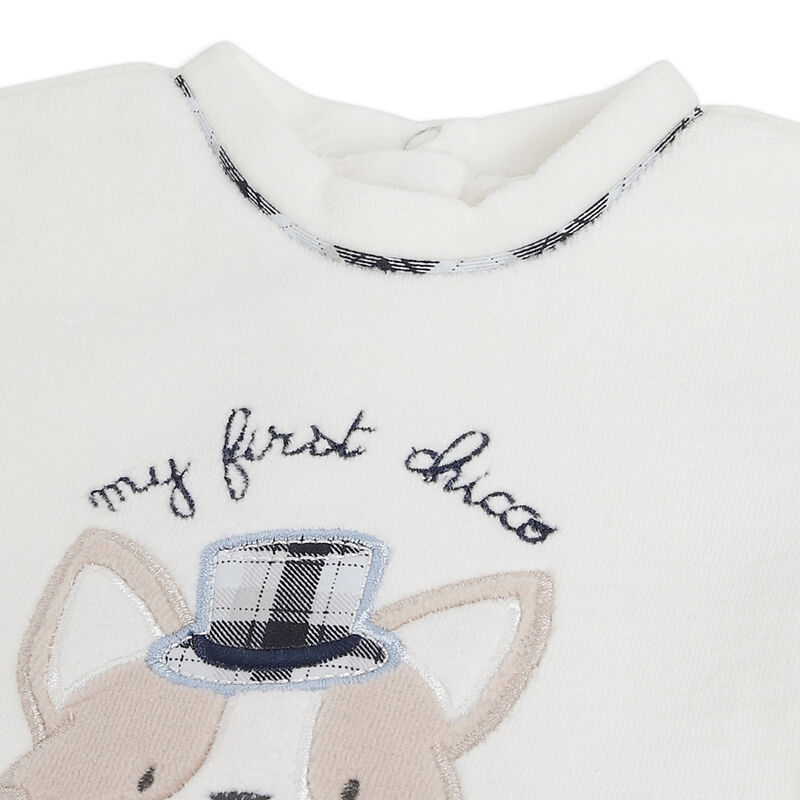 Boys White and Light Blue Applique Leg Opening Babysuit image number 2